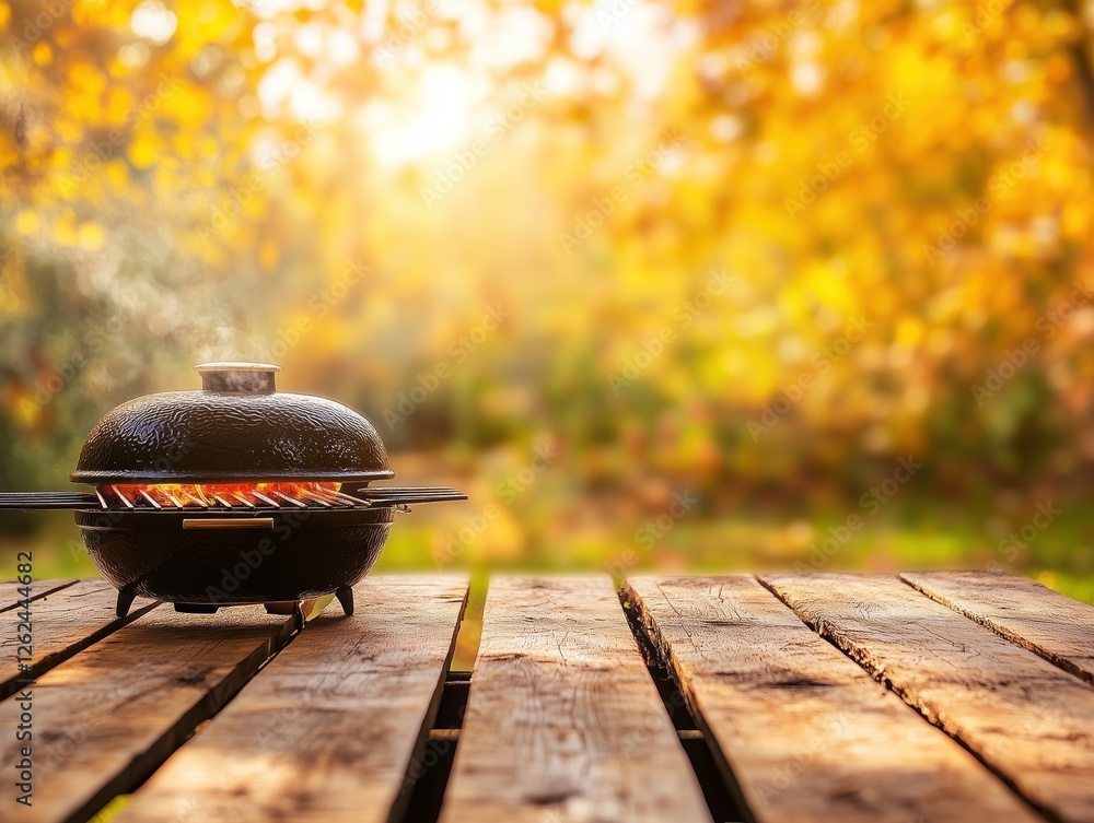 A wooden table with a grill on it A wooden table with a grill on it