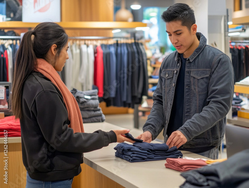 Cashier Processes a Return at a Retail Store During Busy Shopping Hours