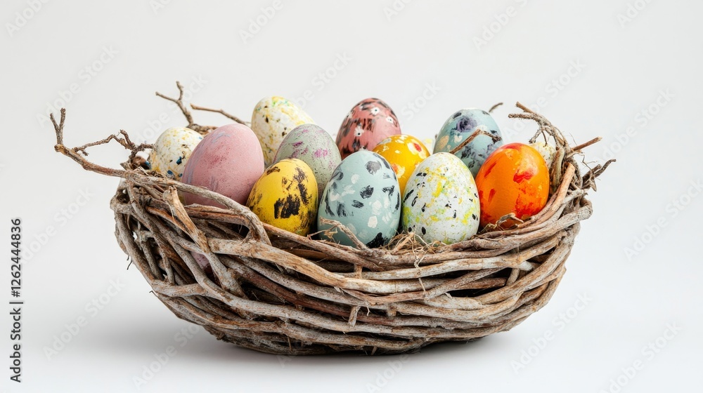 Handmade Wicker Basket with Colorful Easter Eggs Collection Handmade Wicker Basket with Colorful Easter Eggs Collection