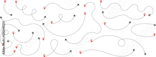 A set of airplane silhouettes with dotted flight paths, representing travel routes and aviation movement. Perfect for flight-related designs, trip planning concepts, and air travel graphics