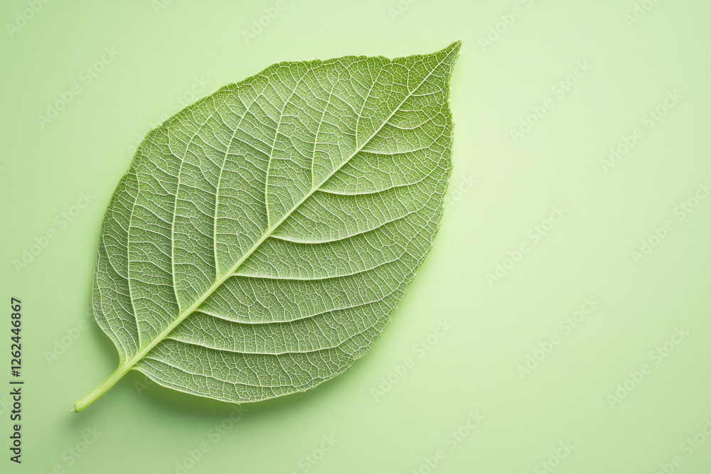 Obraz premium Close-up view of a single green leaf with intricate veins against a soft green background, showcasing nature's detail and symmetry.