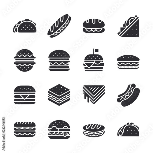 A collection of food icons including a hot dog, a sandwich, a hamburger