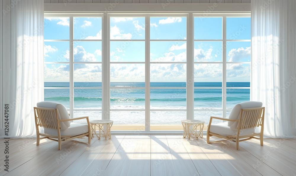 Fototapeta premium Serene Beach House with Wide Windows Framing a Stunning View of the Ocean