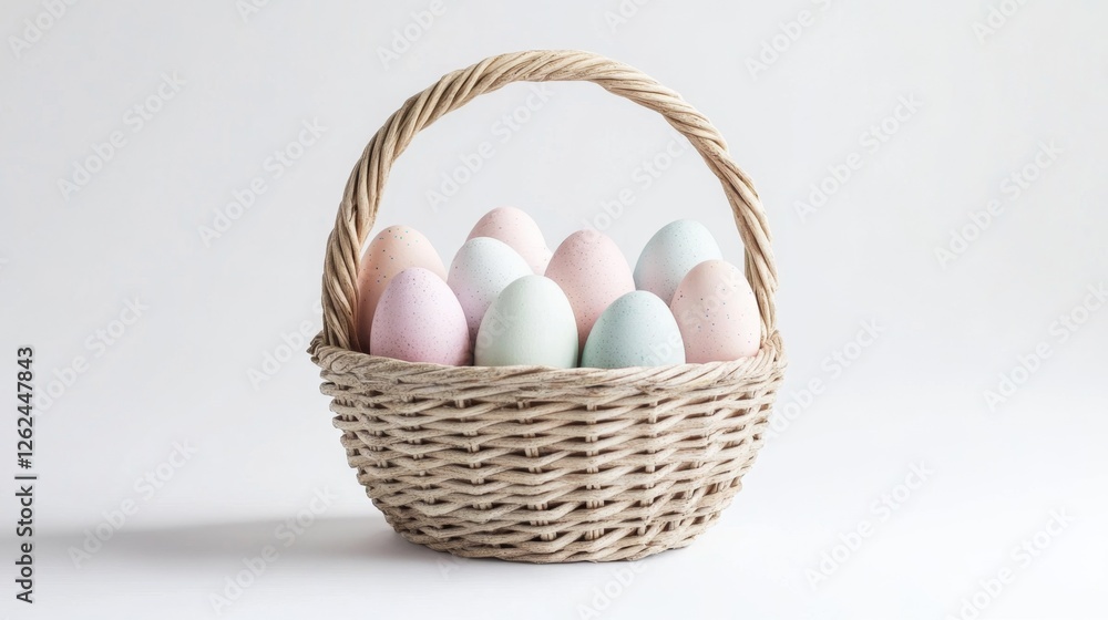 Pastel Colored Easter Eggs in a Rustic Wicker Basket Pastel Colored Easter Eggs in a Rustic Wicker Basket