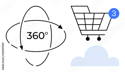 Shopping cart with three item notification badge, 360-degree rotation arrows, and cloud symbol. Ideal for e-commerce, online shopping, retail, technology, cloud storage, notifications and user
