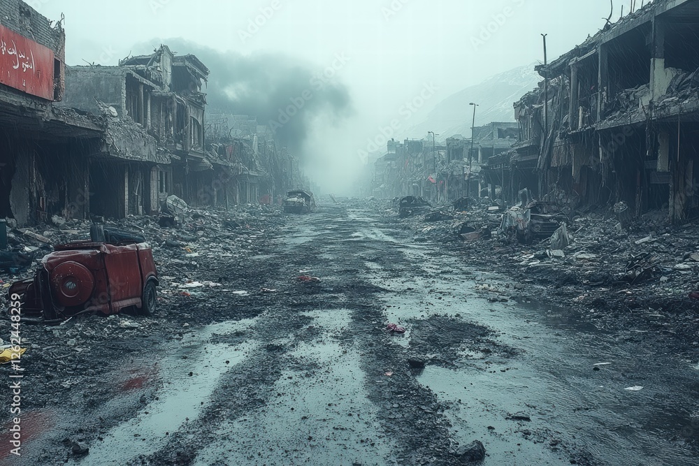 Destruction and desolation in a war-torn urban landscape after a recent conflict Destruction and desolation in a war-torn urban landscape after a recent conflict