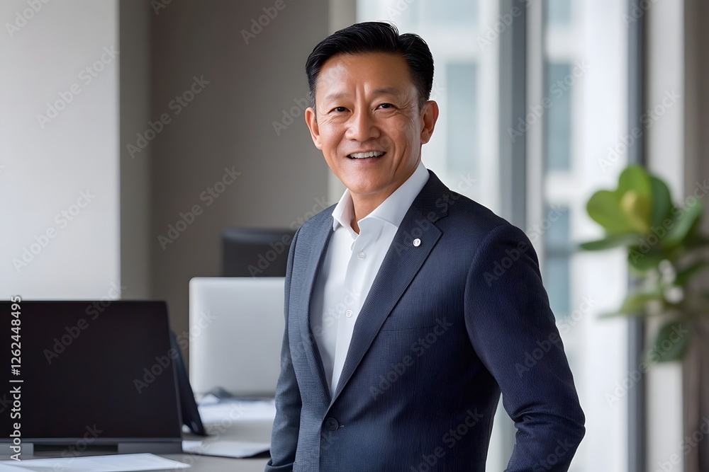 Confident Asian Businessman Stands in Modern Office with Laptop and Documents Confident Asian Businessman Stands in Modern Office with Laptop and Documents