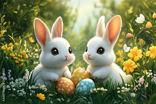 Two playful bunnies engage in a joyful game of hide and seek surrounded by bright flowers and beautifully decorated eggs on a sunny day.