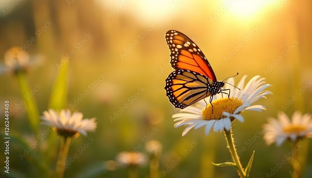 A orange butterfly is positioned on a daisy flower, enveloped by a lush spring meadow, emphasizing the vibrancy of the season A orange butterfly is positioned on a daisy flower, enveloped by a lush spring meadow, emphasizing the vibrancy of the season
