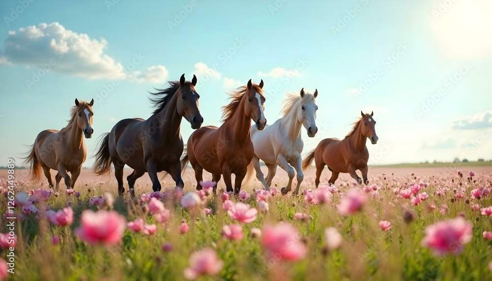 Obraz premium A herd of horses charging through a colorful spring meadow, demonstrating their power and elegance in the verdant field