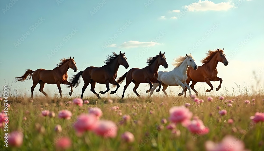 Fototapeta premium A number of horses joyfully dashing across a lush meadow, reflecting the essence of spring in a scenic setting
