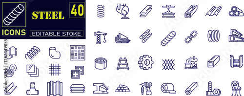 Set of outline icons related to steel. Linear icon collection.