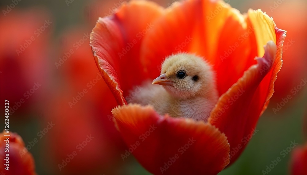 Obraz premium A baby chick nestled in a vibrant tulip, surrounded by a lush spring meadow