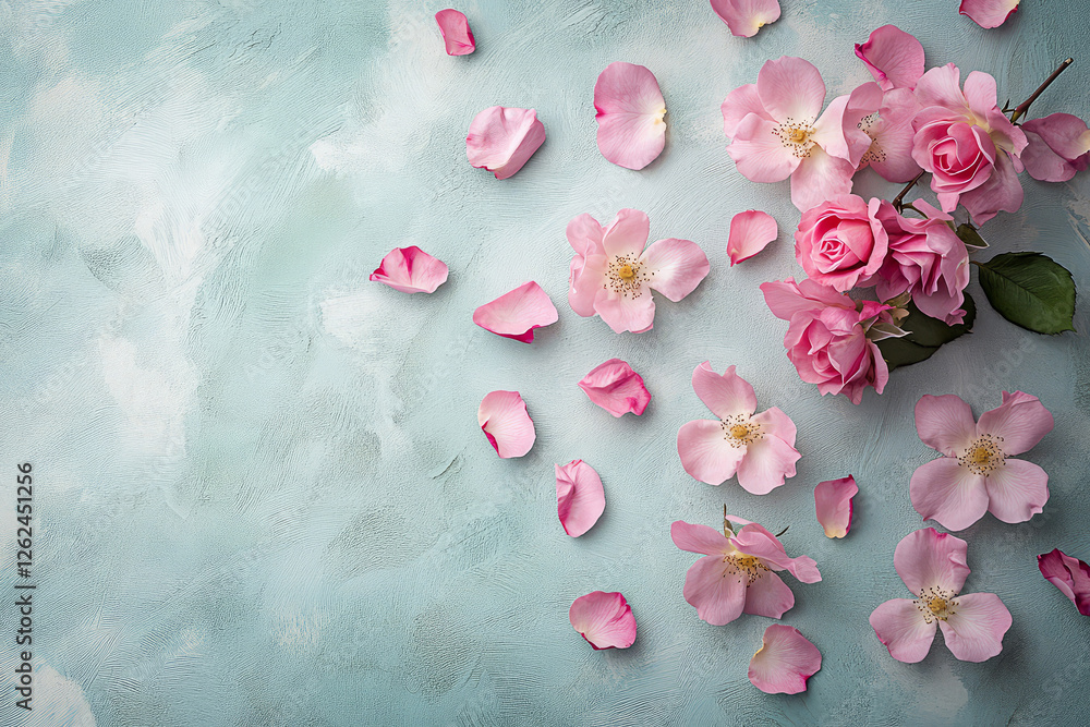 Soft pink roses and delicate petals scattered on a textured pastel blue background, romantic and elegant composition Soft pink roses and delicate petals scattered on a textured pastel blue background, romantic and elegant composition