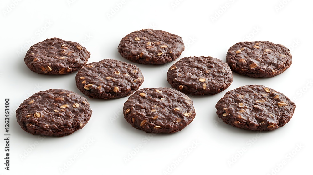A set of oat chocolate cookies arranged on a clean white background A set of oat chocolate cookies arranged on a clean white background