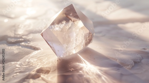 A close-up of a single white crystal placed gently on a white surface, with soft light reflecting off its smooth edges.