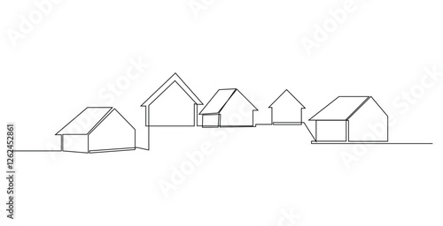 Village Houses continuous one-line art drawing Vector illustration
