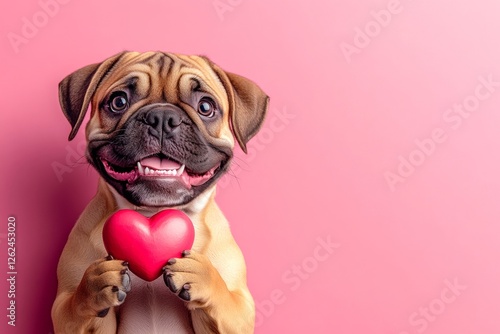 Bullmastiff - my desired dog. Cute bullmastiff pup with critter toy red heart - emblem of love, funny greeting card. Digital ads creative artwork. Valentine's cards for dog lovers. Pet love. photo