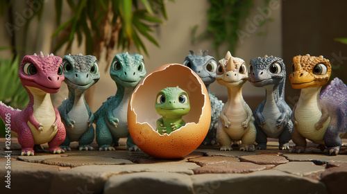 Prehistoric cartoon dinosaur animal characters with baby dino in eggshell. Vector jurassic metriorhynchus, amygdalodon, amurosaurus and neovenator, kotasaurus, oxalaia and lexovisaurus dinosaurs set photo