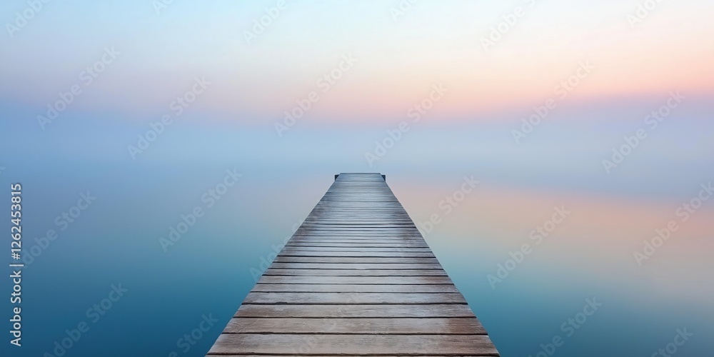 Naklejka premium A wooden pier with a calm body of water in the background. The water is a deep blue color and the sky is a light blue color. The pier is empty and there is no one in the scene