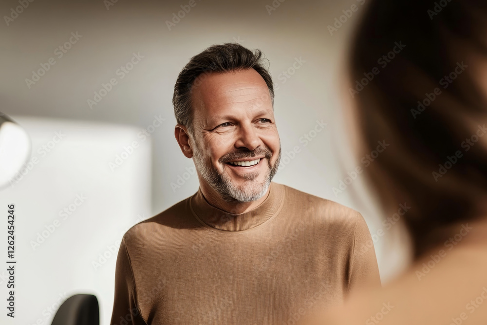 Fototapeta premium Smiling mature man engaged in conversation at a modern indoor setting during the daytime