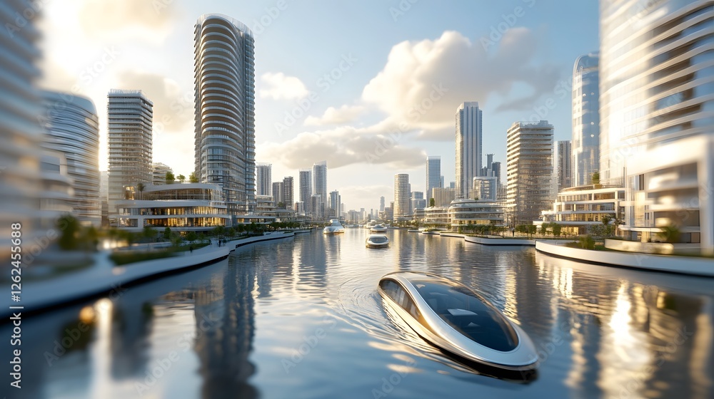 Obraz premium Futuristic Flood Resilient Waterfront City with Elevated Buildings and Integrated Canals
