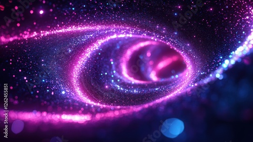 Cosmic Swirl: A mesmerizing digital art of a swirling galaxy with vibrant pink and blue hues, glittering particles and cosmic energy