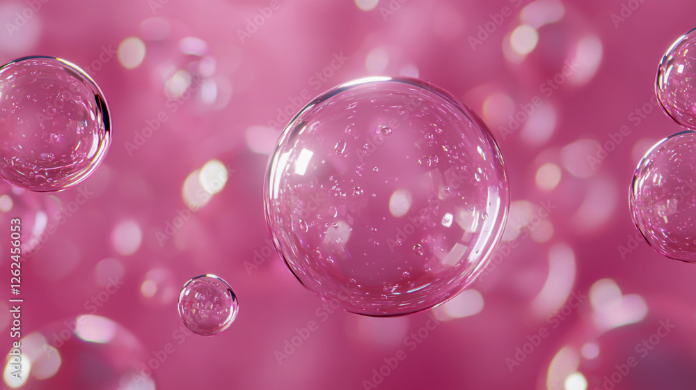 3D bubbles floating on a pink background, with a glassy texture and glossy finish 3D bubbles floating on a pink background, with a glassy texture and glossy finish