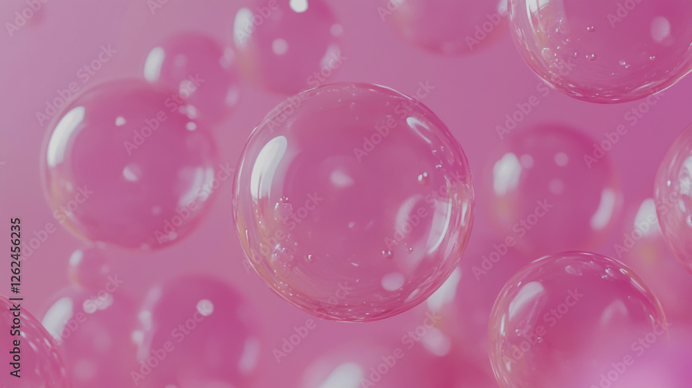 3D bubbles floating on a pink background, with a glassy texture and glossy finish 3D bubbles floating on a pink background, with a glassy texture and glossy finish
