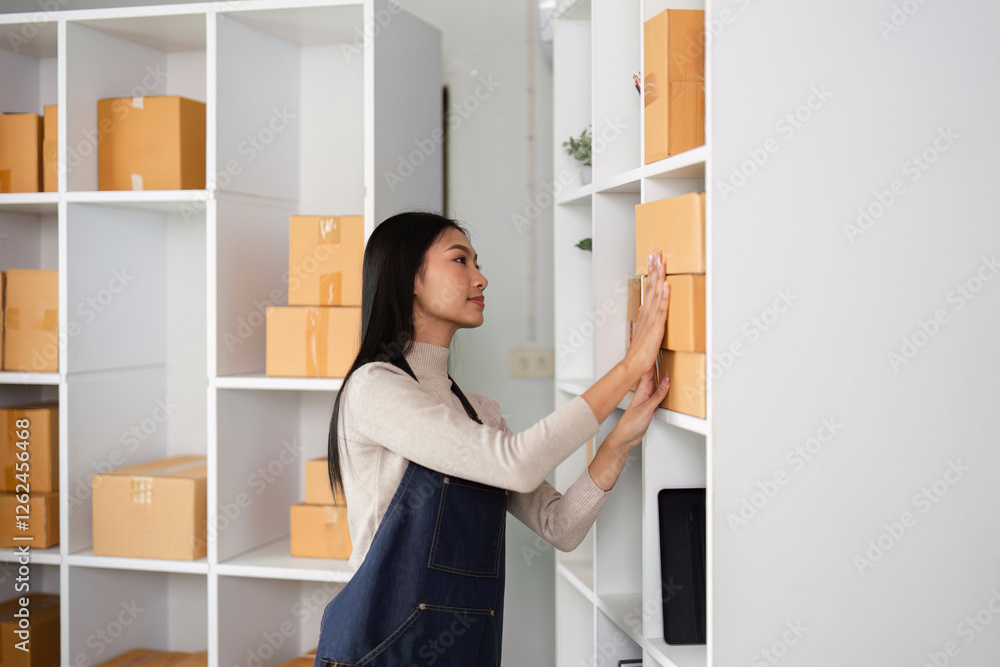 Young woman organizing boxes in a modern office space, showcasing entrepreneurial spirit and dedication. Young woman organizing boxes in a modern office space, showcasing entrepreneurial spirit and dedication.