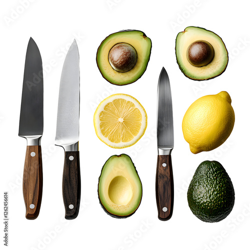 Halved avocados, lemons & kitchen knives on white background.  Food preparation tools arranged aesthetically for a healthy recipe.