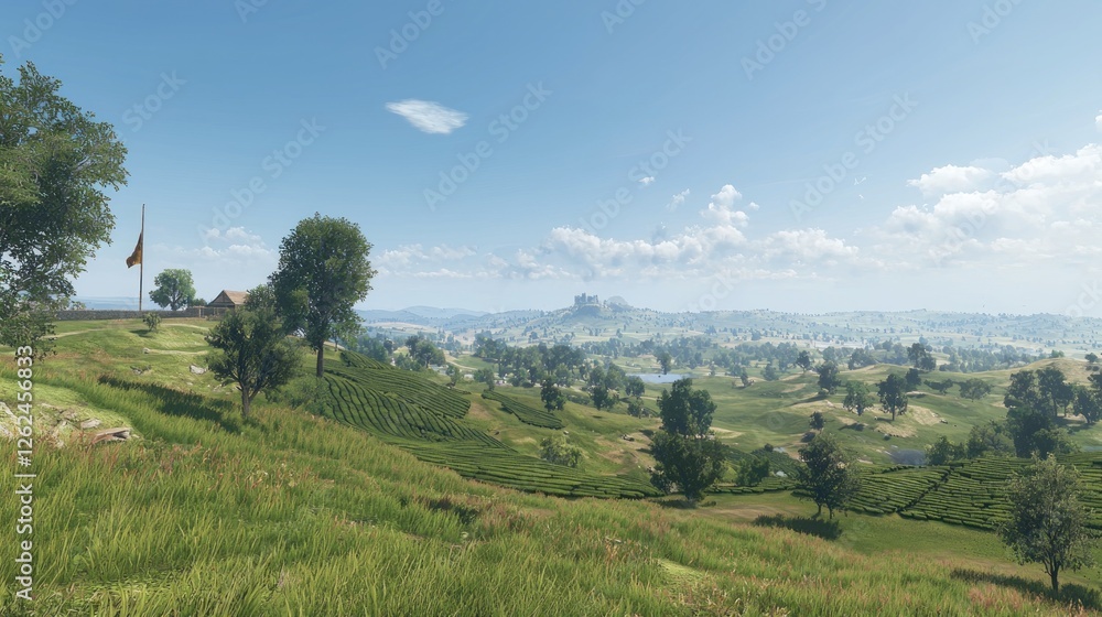 Fototapeta premium Panoramic countryside vista with flag and distant hills