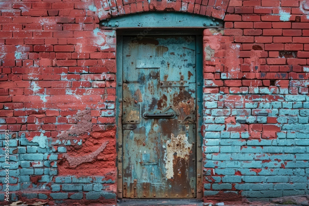 Photo of Red brick wall with old rustic weathered door in european city. Texture for background usage Photo of Red brick wall with old rustic weathered door in european city. Texture for background usage
