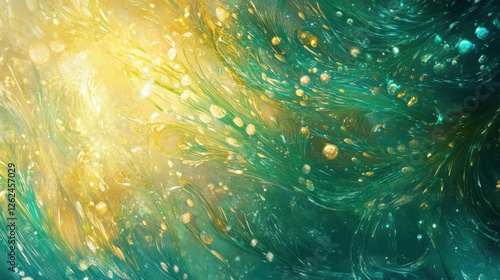 Vibrant close-up of ciliated epithelial cells showcasing movement in green and gold hues with soft blue highlights photo