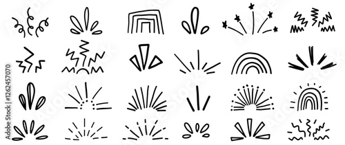 Hand drawn explosion emotional exclamation doodle set. Simple crayon pencil comic splash wow cartoon collection.
