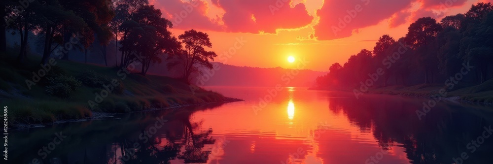 Fototapeta premium Blazing sunset fire, river mirroring vibrant hues , photography, sun, vibrant
