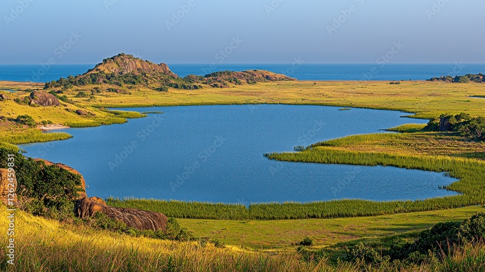Panoramic view of a tranquil lake surrounded by savanna grasslands and rocky hills, overlooking a coastal plain Panoramic view of a tranquil lake surrounded by savanna grasslands and rocky hills, overlooking a coastal plain