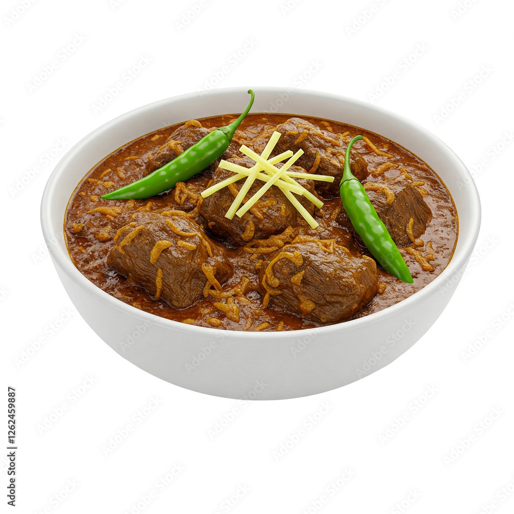 Bowl of Spicy Nihari with Slow-Cooked Beef, Garnished with Ginger and Green Chilies Bowl of Spicy Nihari with Slow-Cooked Beef, Garnished with Ginger and Green Chilies