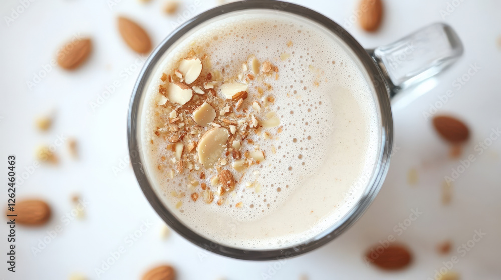 Close up of frothy almond milk in glass mug, topped with crushed almonds, creating delightful and creamy beverage experience Close up of frothy almond milk in glass mug, topped with crushed almonds, creating delightful and creamy beverage experience