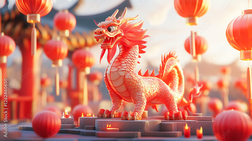 Naklejka premium Statue of a dragon and Chinese lanterns. Celebration of the Chinese New Year, year of the Dragon