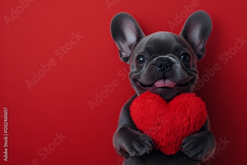 Cute french bulldog pup with fluffy red heart - emblem of love, funny greeting card. Marketing concept art. French bulldog - my preferred dog. Valentine's day pet themes. Pets with hearts. photo