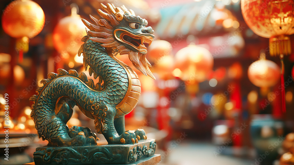 Fototapeta premium Statue of a dragon and Chinese lanterns. Celebration of the Chinese New Year, year of the Dragon
