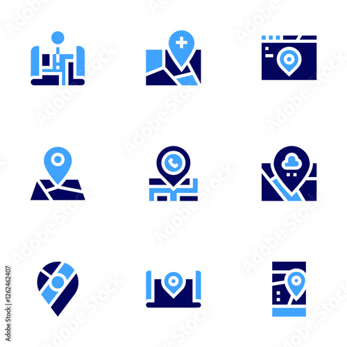 Map icon set. Bold style. Duotone colors. map, website, pointer, tracking, google maps