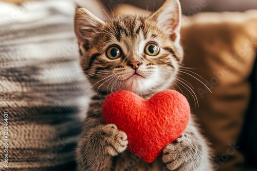 Cute donskoy baby cat with furry friend toy red heart at cozy domicile. Donskoy - my preferred cat, symbol of care. Ad campaign critter visual idea. Kitten kisses. Cat holding heart. photo