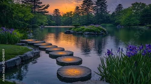 Tranquil Japanese Garden Pond with Glowing Stepping Stones and Blooming Irises photo