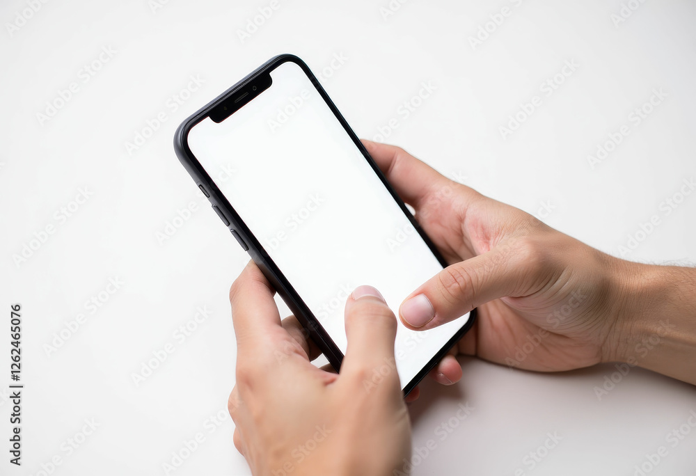 Person using a modern black smartphone with a blank white screen Person using a modern black smartphone with a blank white screen