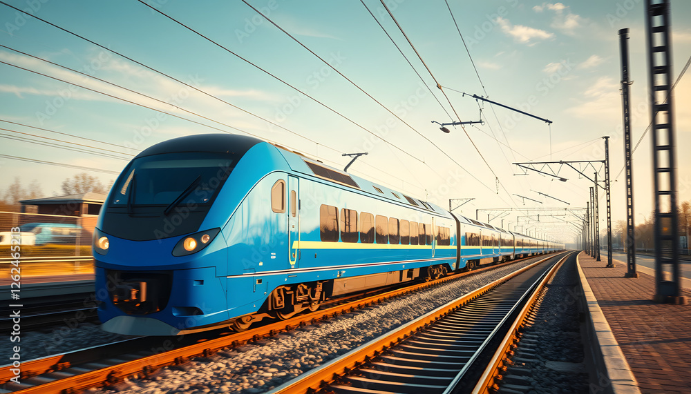 Obraz premium Blue high speed train runs on rail tracks - The train is going too fast as a result the air pressure is causing too much heat at the front, professional photography. with white shades