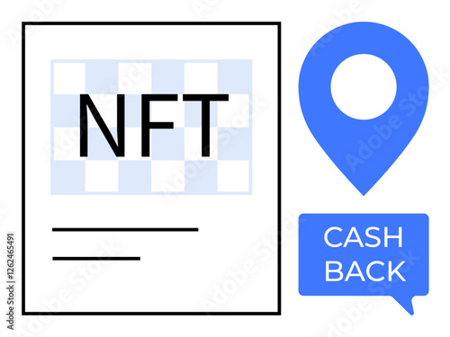 NFT image with checkered background, blue location pin, and cash back text message. Ideal for digital rewards, cryptocurrency, online shopping incentives, fintech innovation, digital investments
