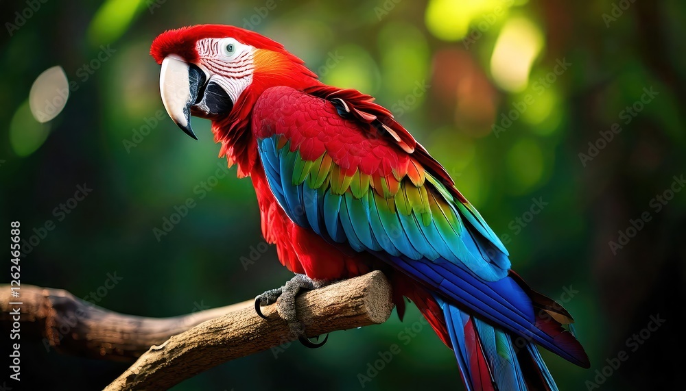 Fototapeta premium Scarlet Macaw: Vibrant Plumage in Lush Green Setting