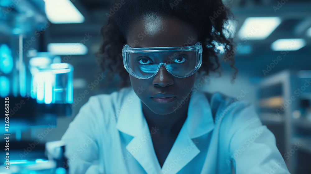 Breaking barriers in STEM – A woman in a white lab coat and safety goggles, working in a cutting-edge lab, surrounded by scientific equipment. Breaking barriers in STEM – A woman in a white lab coat and safety goggles, working in a cutting-edge lab, surrounded by scientific equipment.